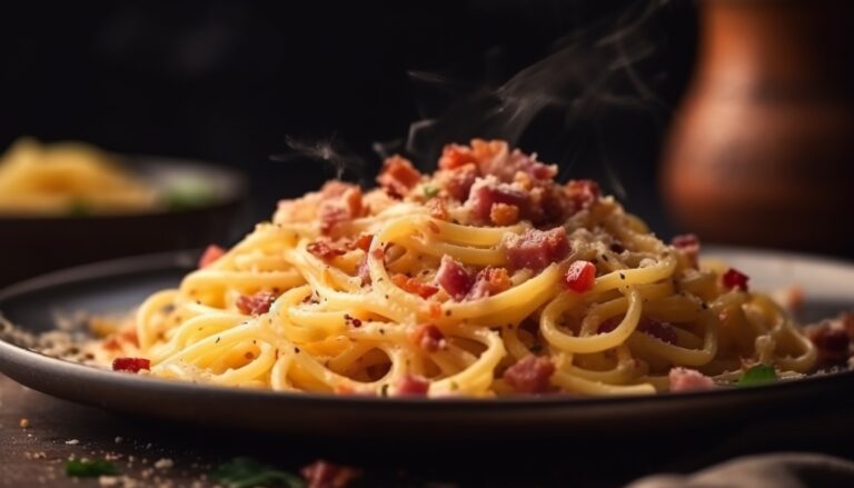 Foto do prato espaguete a carbonara em um prato preto